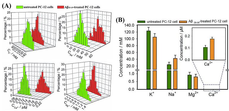 圖3. （A）Aβ25-35刺激前后Na+、K+、Ca2+、Mg2+濃度變化的正態分布圖；（B）Aβ25-35刺激前后Na+、K+、Ca2+、Mg2+濃度變化的柱狀圖