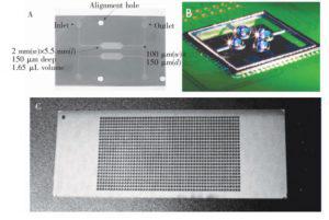 圖1&nbsp; 微池型 PCR芯片: (A) 單反應(yīng)池 PCR芯片，(B) 液滴虛擬微池 PCR芯片， (C) 微池陣列 PCR芯片