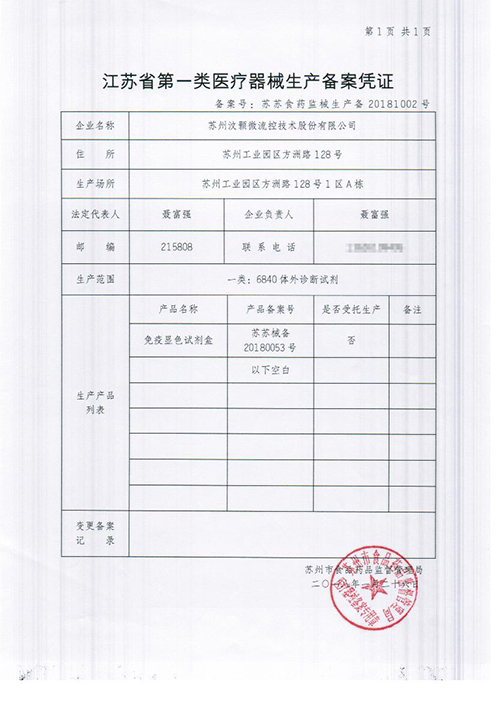 汶顥股份江蘇省第一類醫療器械生產備案憑證