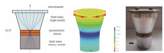 圖4超聲微反應器、振動位移分布及實物圖(標尺為10mm) 圖4超聲微反應器、振動位移分布及實物圖(標尺為10mm)