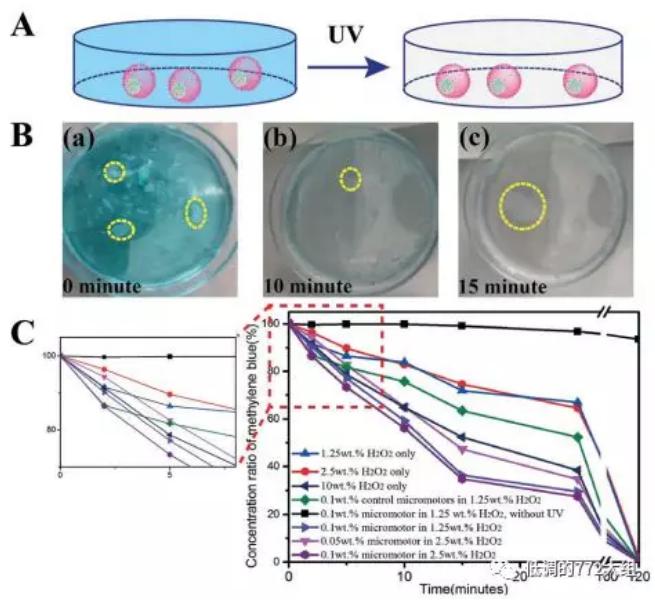 圖4. 自驅動顆粒的亞甲基藍降解研究 圖4. 自驅動顆粒的亞甲基藍降解研究