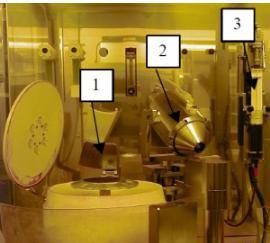顯示晶片卡盤（1），帶噴頭（2）的旋轉臂和光刻膠注射泵（3）[2]的噴涂裝置的照片。