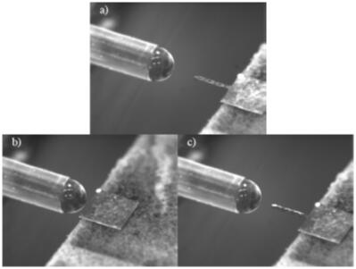 定制的微針涂覆設備和微針涂覆過程：a）涂覆前；b）微針涂覆中；c）撤回微針，完成涂覆