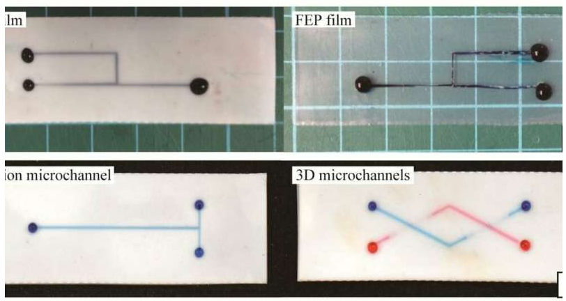 代表性的含氟聚合物微通道，其中充滿含水染料的水。圖片來源：SUTD